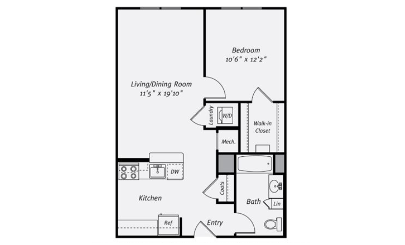 A1A - 1 bedroom floorplan layout with 1 bathroom and 651 square feet