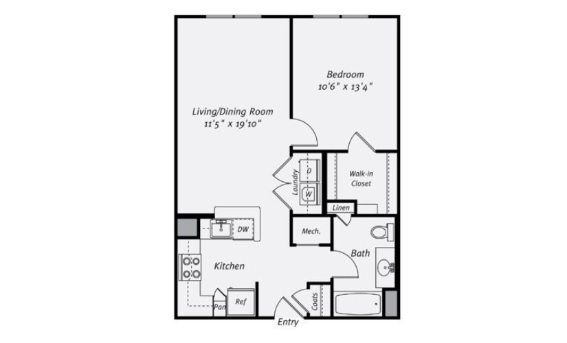 A1B - 1 bedroom floorplan layout with 1 bathroom and 713 square feet