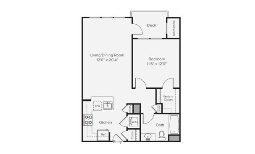 A1C - 1 bedroom floorplan layout with 1 bathroom and 730 square feet