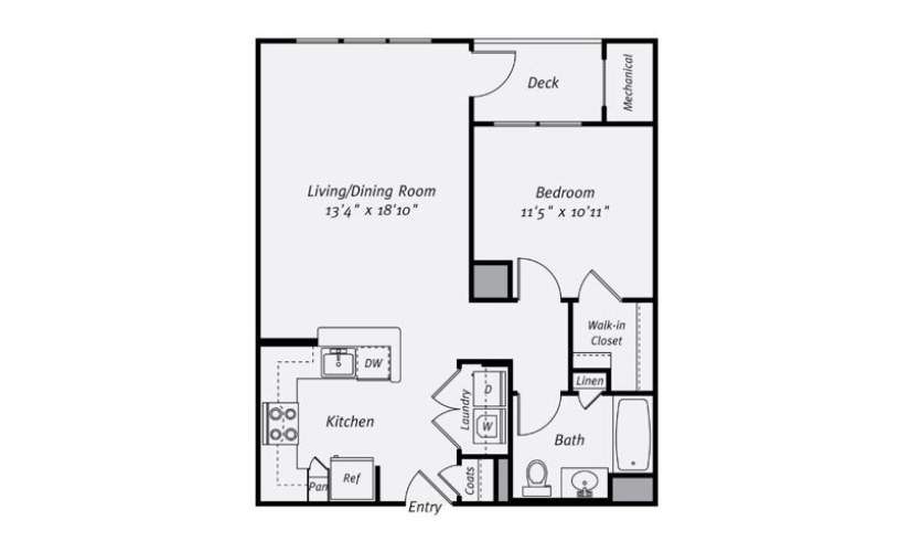 A1D - 1 bedroom floorplan layout with 1 bathroom and 730 square feet