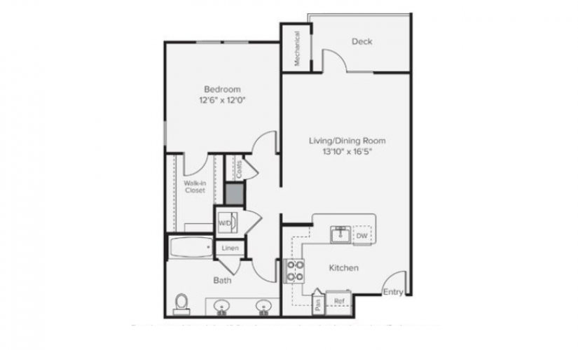 A1E - 1 bedroom floorplan layout with 1 bathroom and 773 square feet