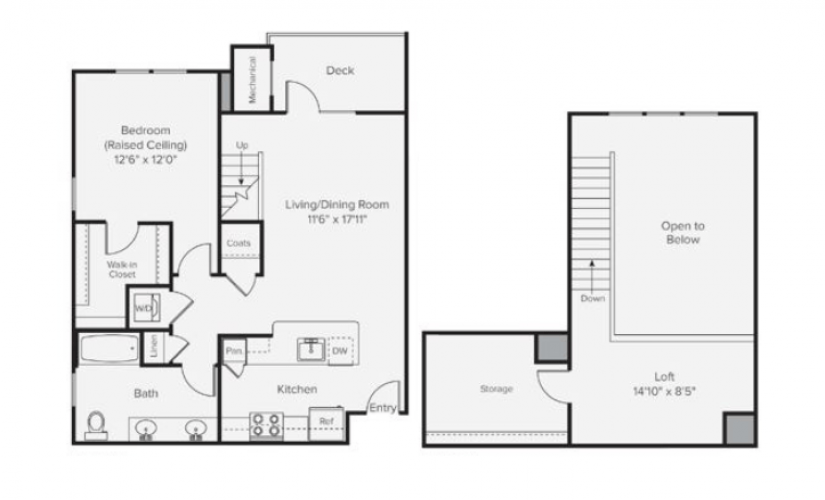 A1K - 1 bedroom floorplan layout with 1 bathroom and 1110 square feet