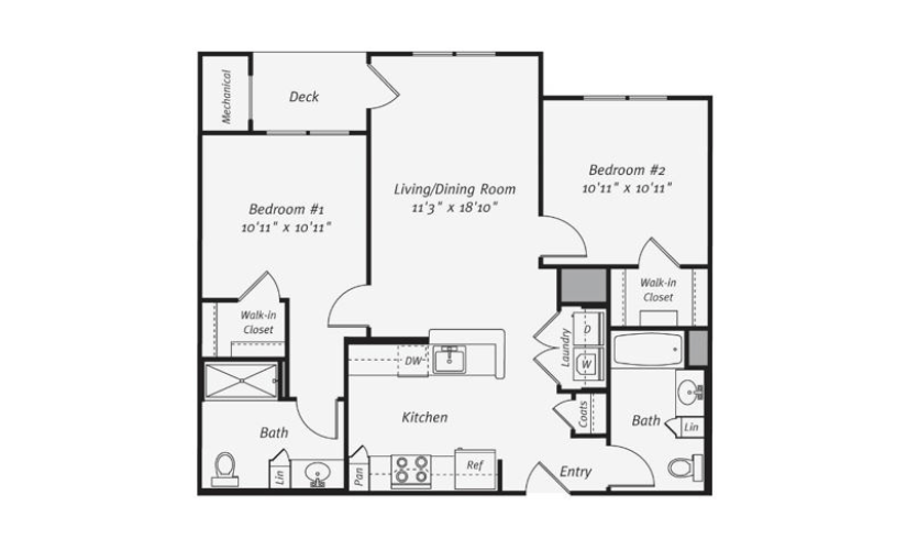 B2A - 2 bedroom floorplan layout with 2 bathrooms and 961 square feet
