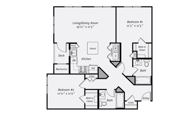 B2C - 2 bedroom floorplan layout with 2 bathrooms and 1060 square feet