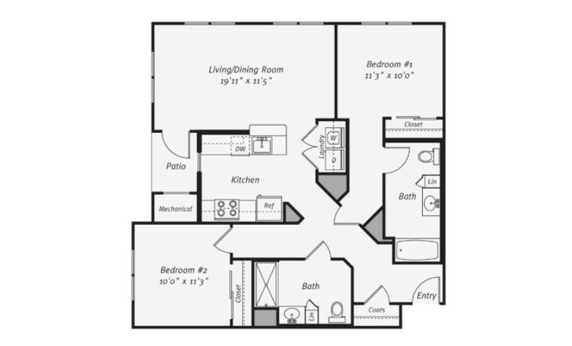 B2D - 2 bedroom floorplan layout with 2 bathrooms and 1066 square feet