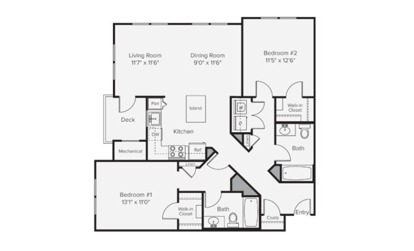 B2E - 2 bedroom floorplan layout with 2 bathrooms and 1127 square feet