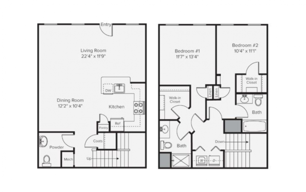 B2I - 2 bedroom floorplan layout with 2 baths and 1403 square feet. (2D)