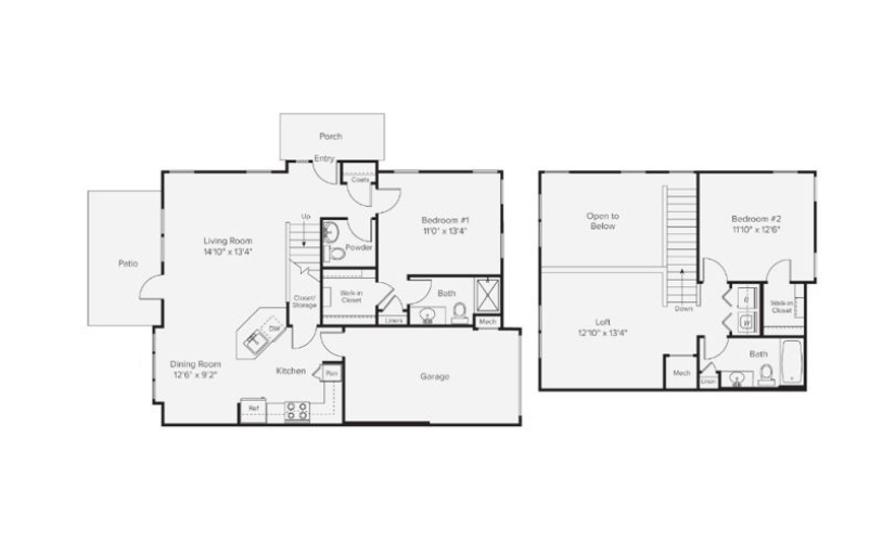 B2M - 2 bedroom floorplan layout with 2 bathrooms and 1450 square feet