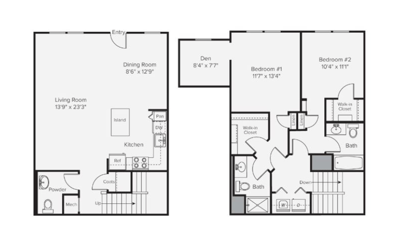 B2N - 2 bedroom floorplan layout with 2 bathrooms and 1514 square feet