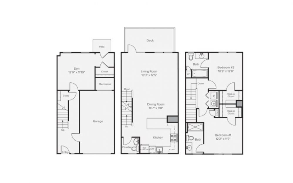 B2O - 2 bedroom floorplan layout with 2 baths and 1592 to 1644 square feet. (2D)