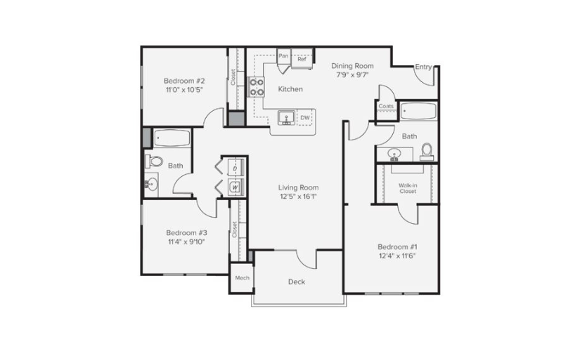 C2A - 3 bedroom floorplan layout with 2 bathrooms and 1219 square feet