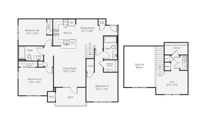 C2B - 3 bedroom floorplan layout with 2 bathrooms and 1494 square feet
