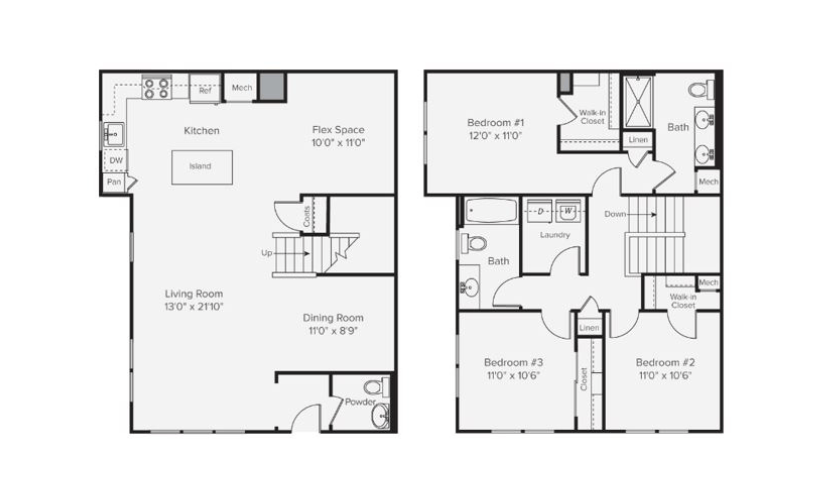 C2D - 3 bedroom floorplan layout with 2 bathrooms and 1745 square feet