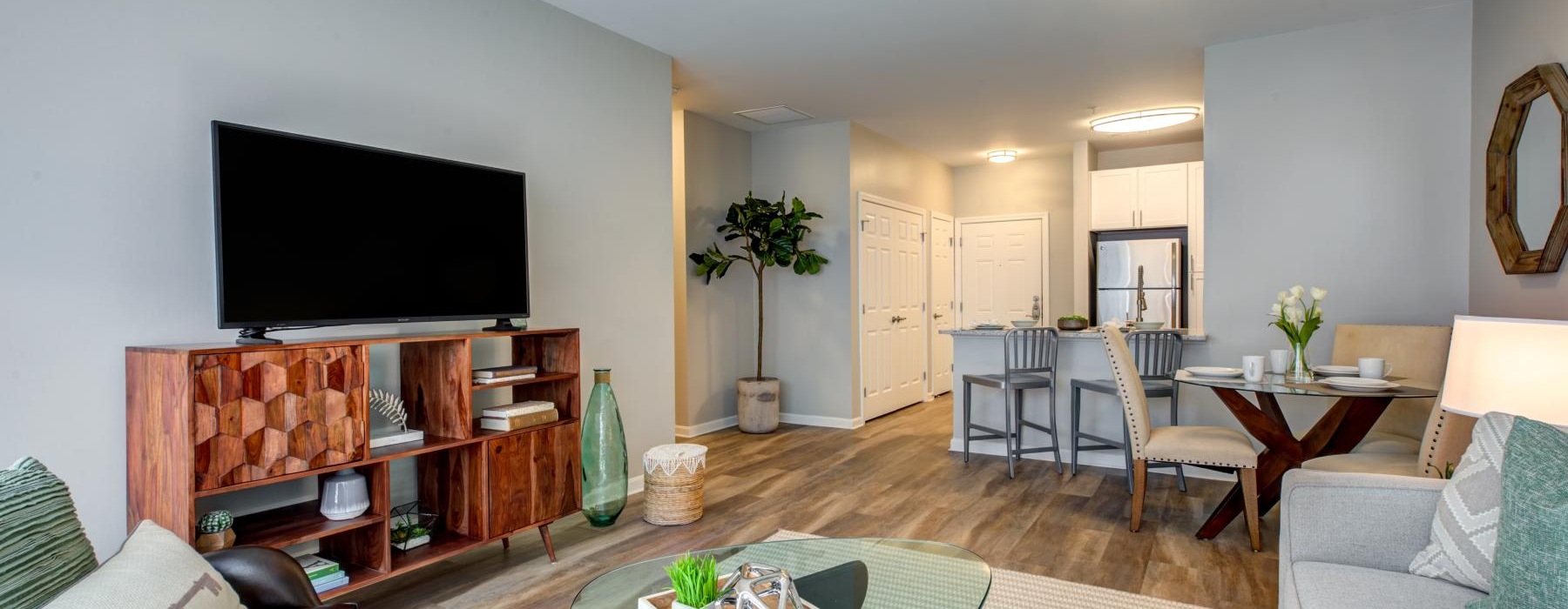 a living room with a tv and couches