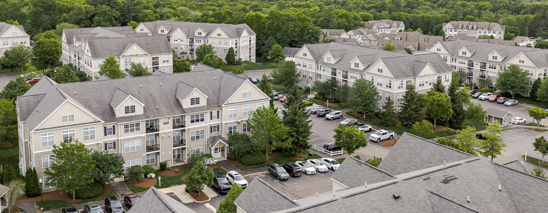 buildings with cars park around them and surrounded by trees