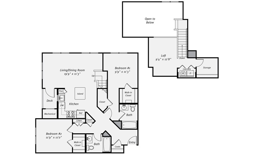 B2J - 2 bedroom floorplan layout with 2 bathrooms and 1403 square feet