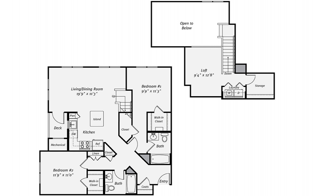 B2G - 2 bedroom floorplan layout with 2 baths and 1339 square feet. (2D)