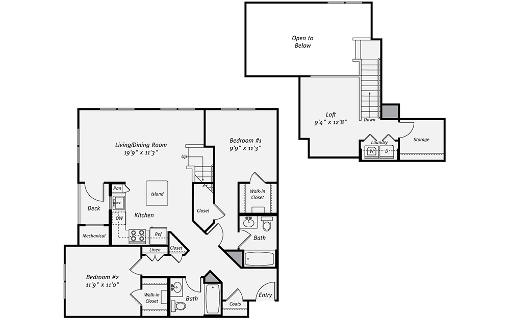 B2J - 2 bedroom floorplan layout with 2 baths and 1403 square feet. (2D)