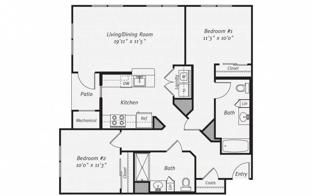 B2D - 2 bedroom floorplan layout with 2 baths and 1066 square feet. (2D)
