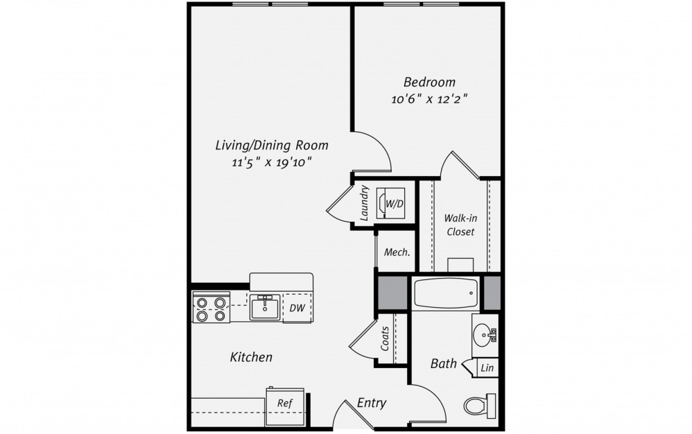 A1A - 1 bedroom floorplan layout with 1 bath and 651 square feet. (2D)