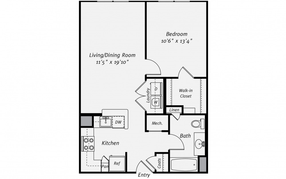 A1B - 1 bedroom floorplan layout with 1 bath and 713 square feet. (2D)