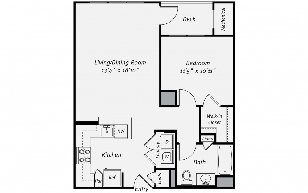 A1D - 1 bedroom floorplan layout with 1 bath and 730 square feet. (2D)