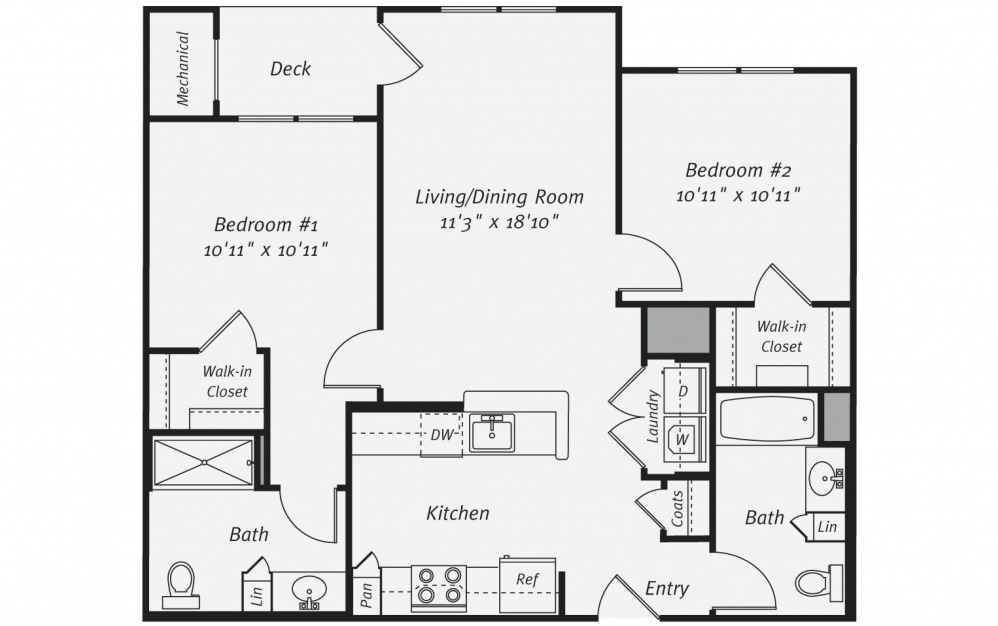 B2A - 2 bedroom floorplan layout with 2 baths and 961 square feet. (2D)