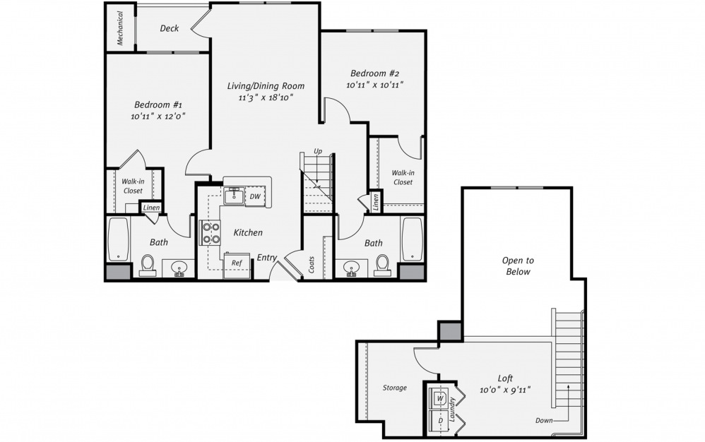 B2F - 2 bedroom floorplan layout with 2 baths and 1236 square feet. (2D)