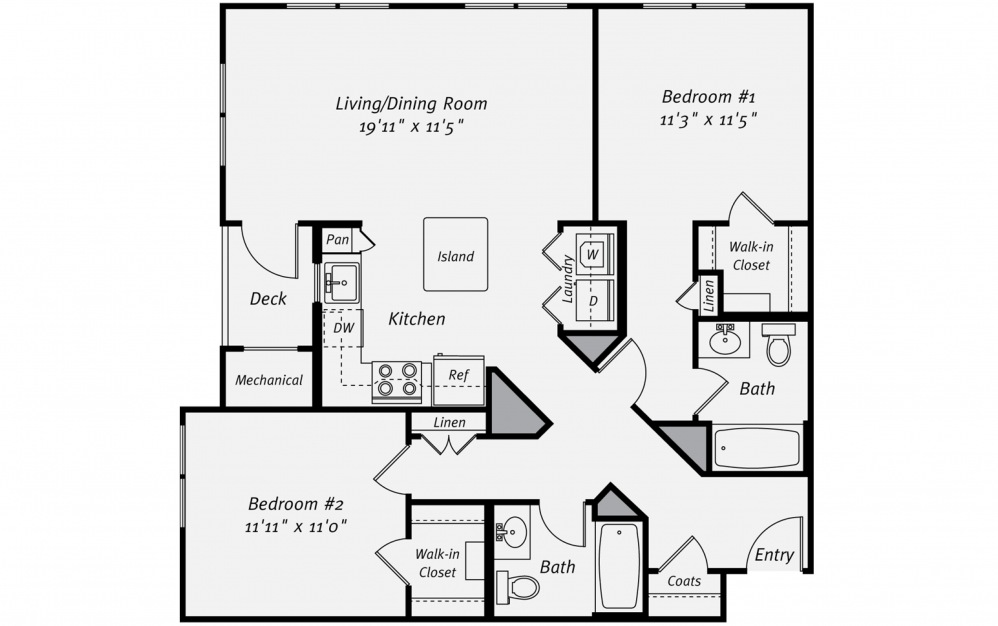 B2C - 2 bedroom floorplan layout with 2 baths and 1060 square feet. (2D)