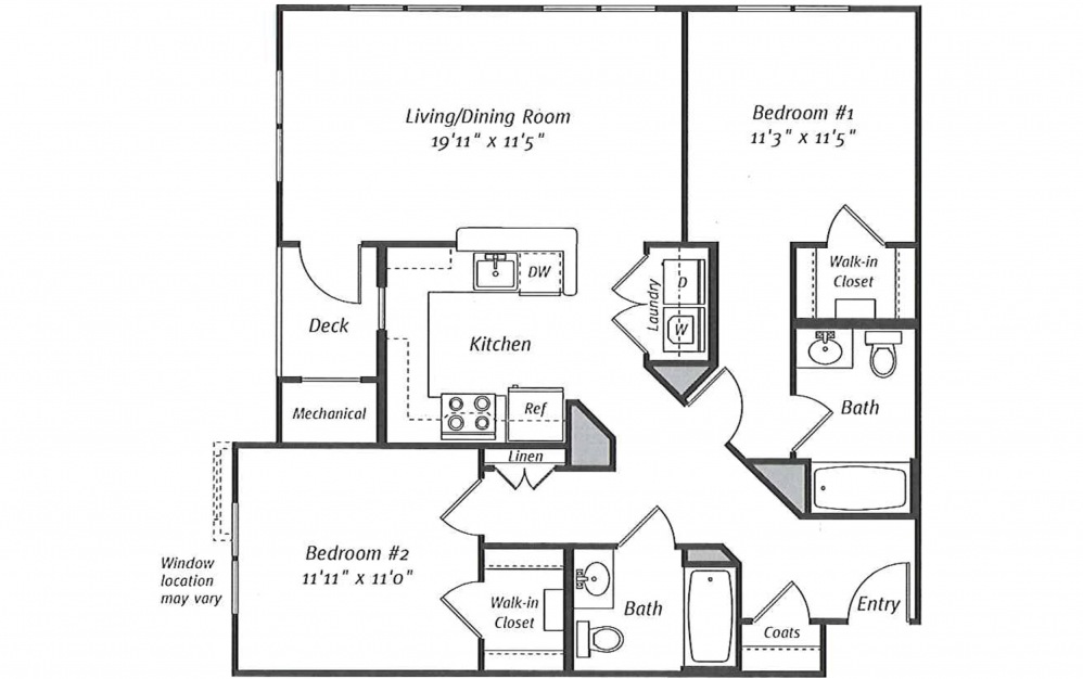 B2B - 2 bedroom floorplan layout with 2 baths and 1066 square feet. (2D)