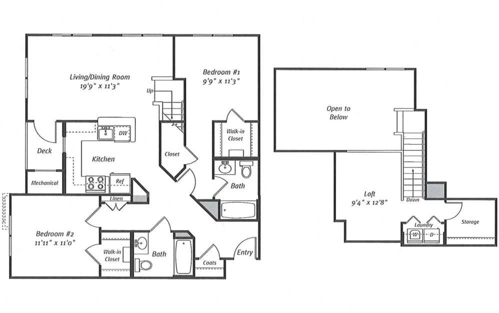 B2H - 2 bedroom floorplan layout with 2 baths and 1339 square feet. (2D)