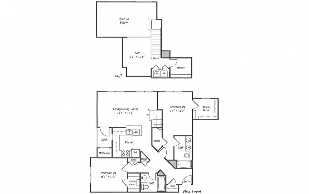 B2K - 2 bedroom floorplan layout with 2 baths and 1403 square feet. (2D)