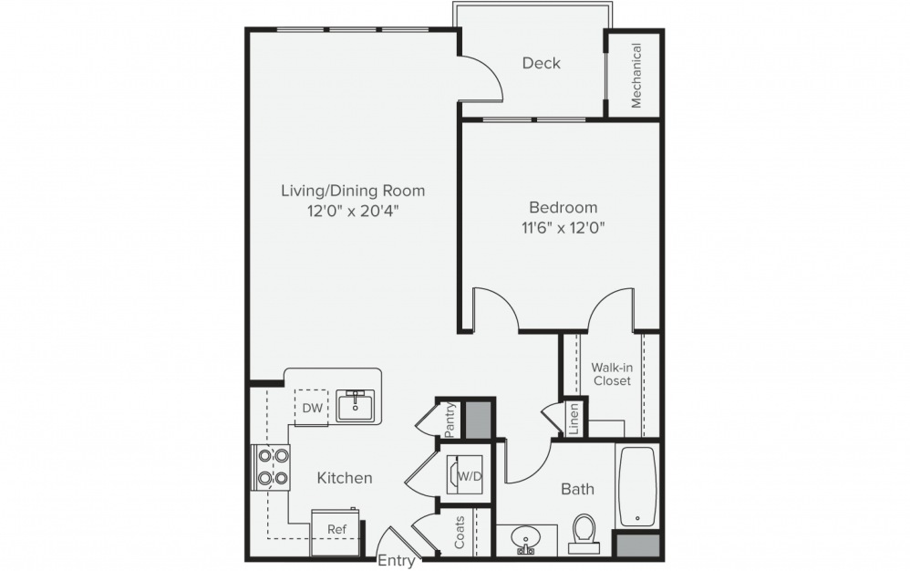 A1C - 1 bedroom floorplan layout with 1 bath and 730 square feet. (2D)