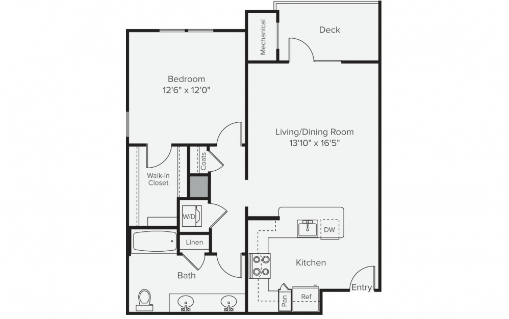 A1E - 1 bedroom floorplan layout with 1 bath and 773 square feet. (2D)