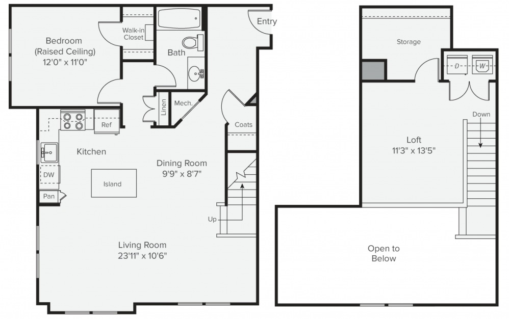 A1M - 1 bedroom floorplan layout with 1 bath and 1212 square feet. (2D)