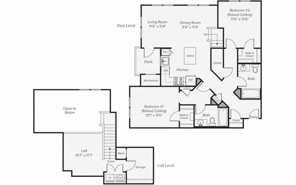 B2L - 2 bedroom floorplan layout with 2 baths and 1439 square feet. (2D)