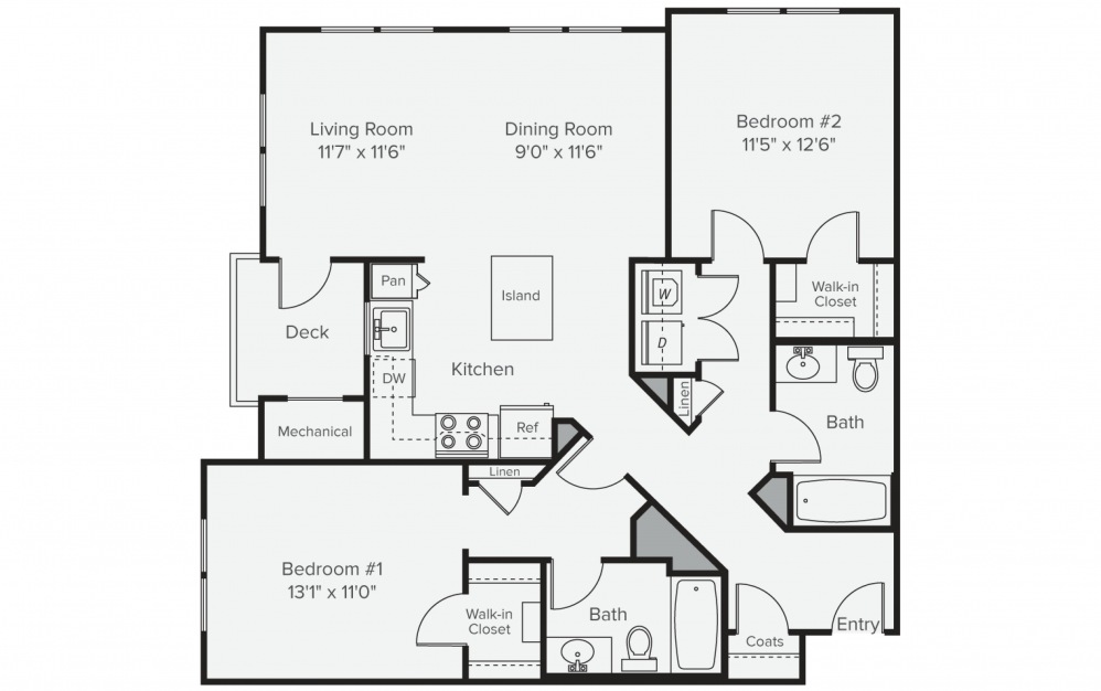 B2E - 2 bedroom floorplan layout with 2 baths and 1127 square feet. (2D)