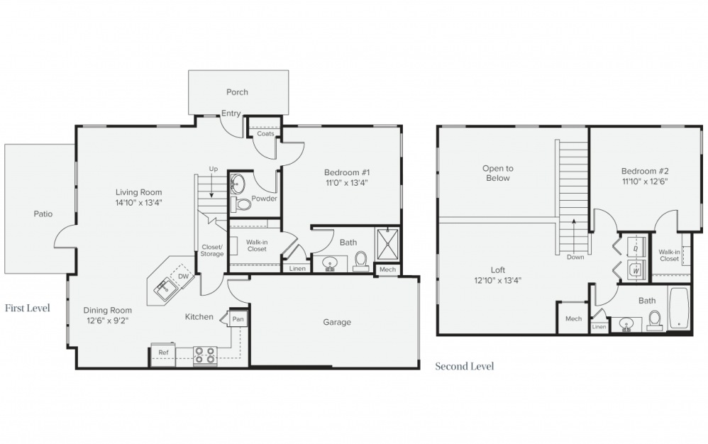B2M - 2 bedroom floorplan layout with 2 baths and 1450 square feet. (2D)