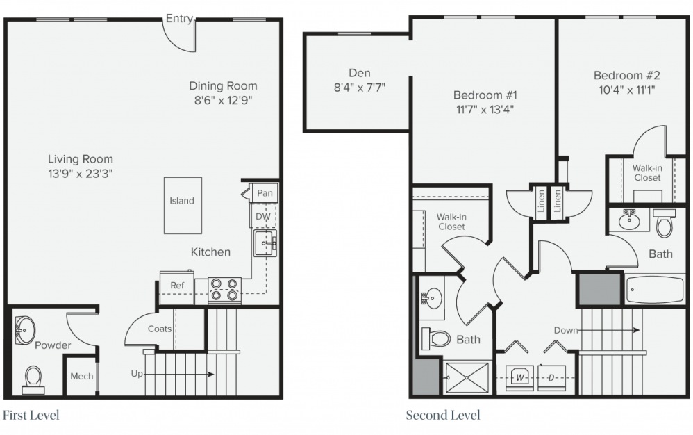 B2N - 2 bedroom floorplan layout with 2 baths and 1514 square feet. (2D)