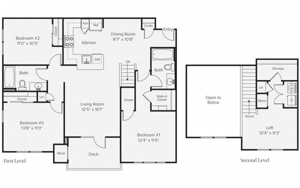 C2B - 3 bedroom floorplan layout with 2 baths and 1494 square feet. (2D)