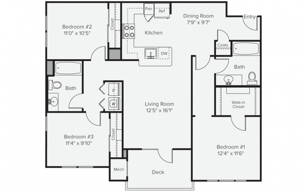 C2A - 3 bedroom floorplan layout with 2 baths and 1219 square feet. (2D)