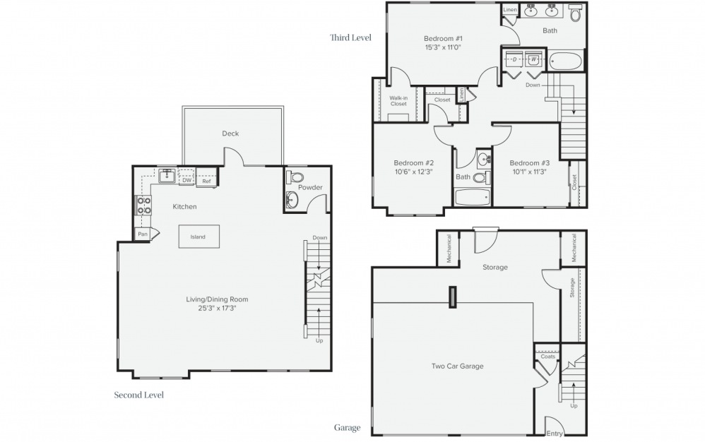 C2C - 3 bedroom floorplan layout with 2 baths and 1734 square feet. (2D)