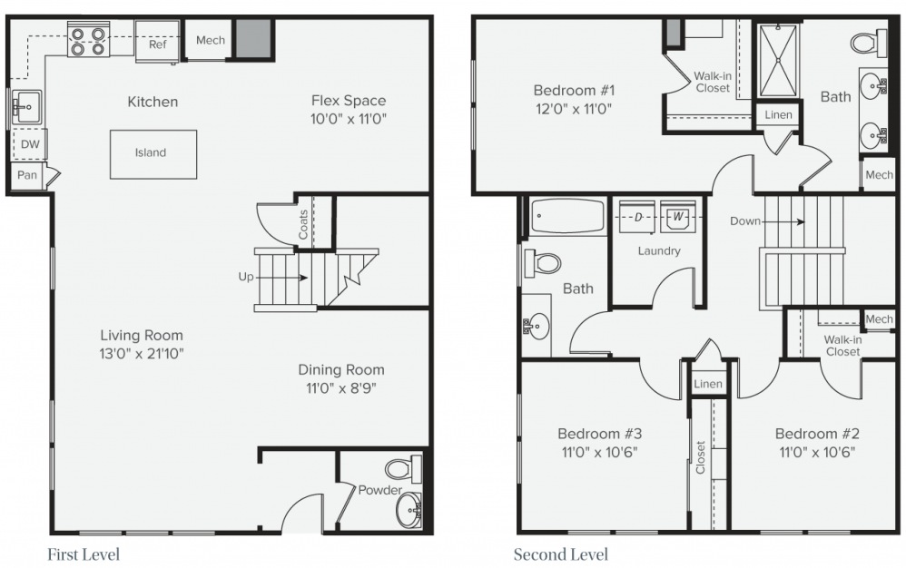 C2D - 3 bedroom floorplan layout with 2 baths and 1745 square feet. (2D)