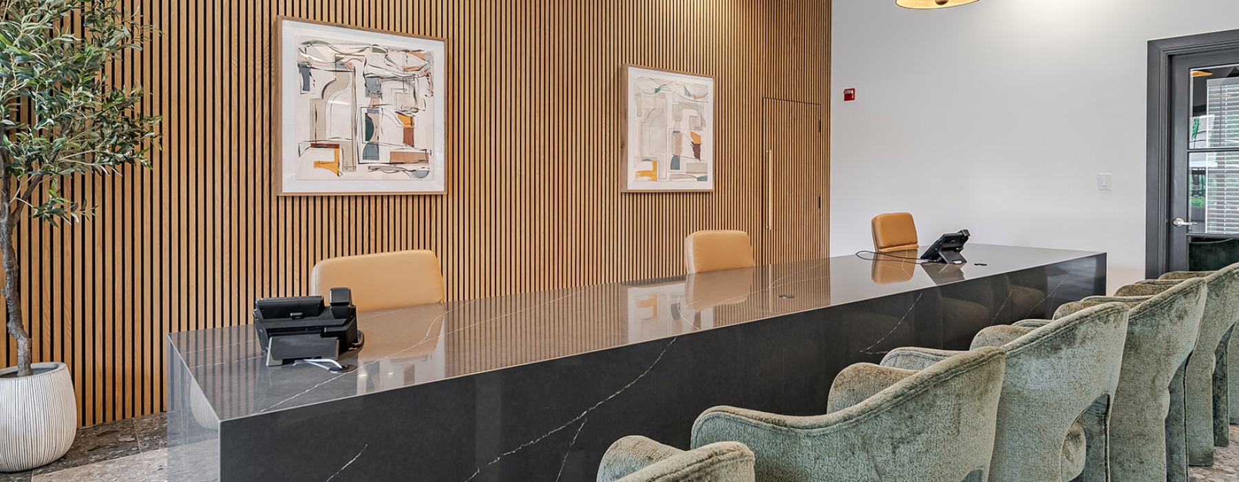 desk with many chairs